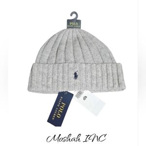 Polo Ralph Lauren Men's Gray Wool Blend Ribbed Cuff Knit Beanie Hat Black Pony